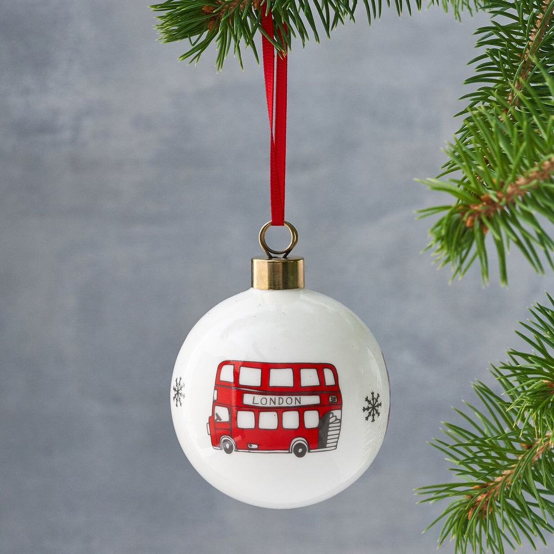 Bone china London Christmas bus bauble from Victoria Eggs.