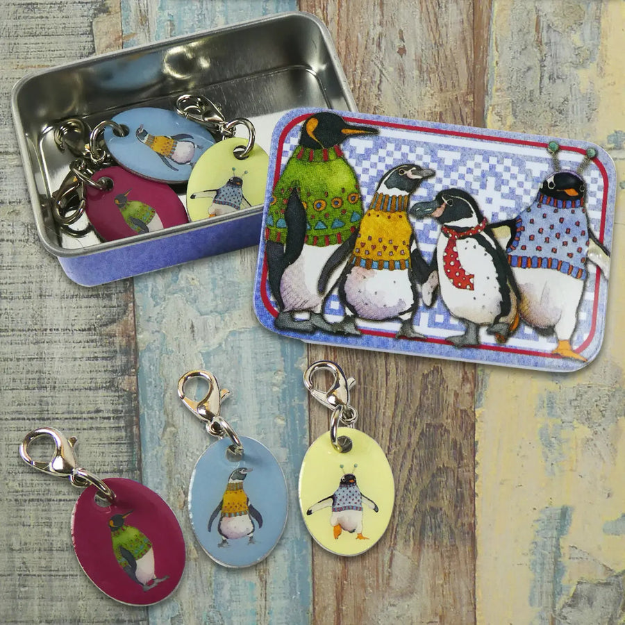 Penguins in Pullovers Set of 6 Stitch Crochet Markers in a Pocket Tin from Emma Ball.