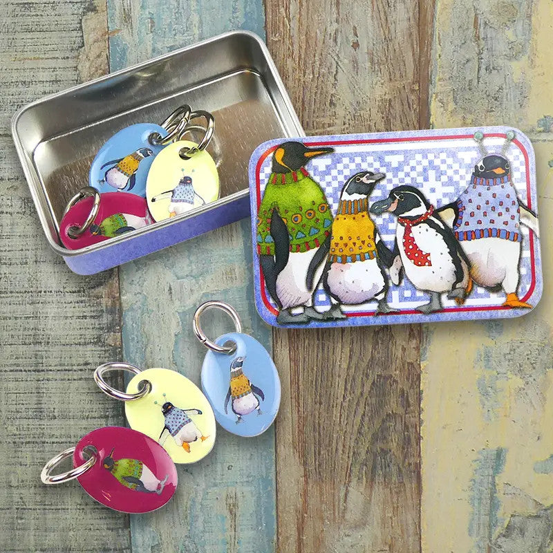 Penguins in Pullovers Set of 6 Stitch Markers from Emma Ball.