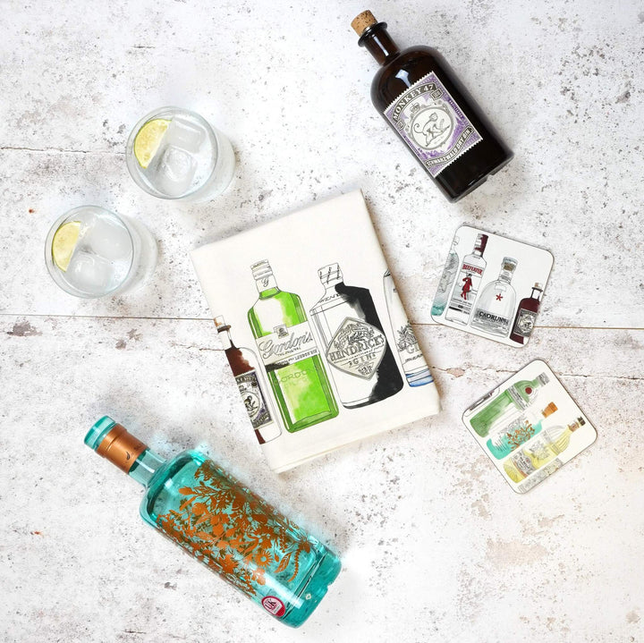 Ten Gin Bottles Tea Towel by Corinne Alexander.