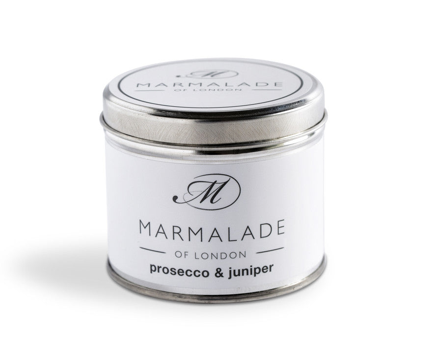 Prosecco & Juniper medium tin candle from Marmalade of London.