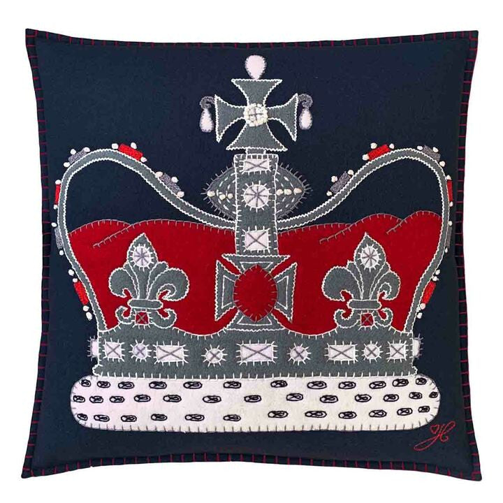 Jan Constantine Platinum The Crown hand-embroidered felt cushion in navy.