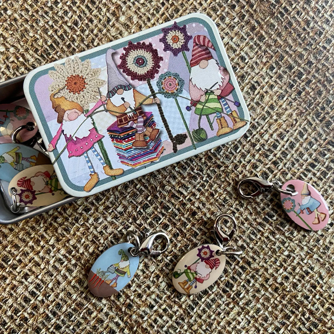 Crafting Gnomes Set of 6 Crochet Markers in a Pocket Tin