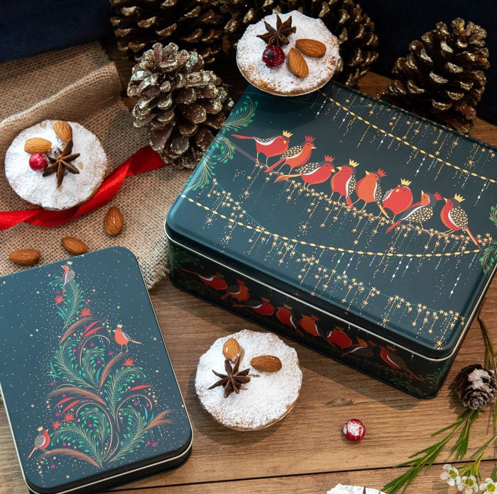 Christmas Row of Robins Deep Rectangular Tin by Sara Miller
