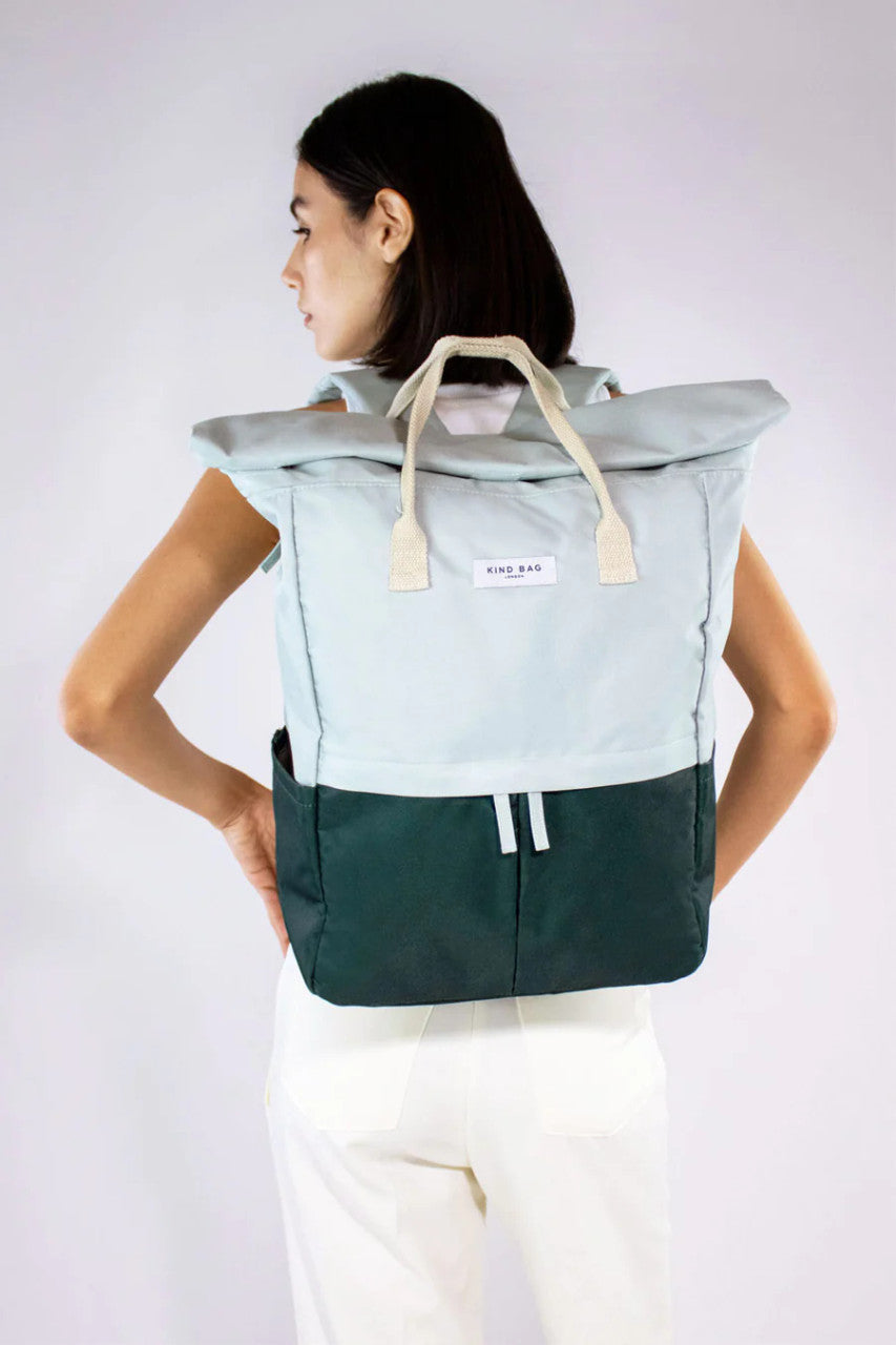 Sage & Forest Green “Hackney” Large Backpack  made form 100% recycled plastic bottles from Kind Bag London.