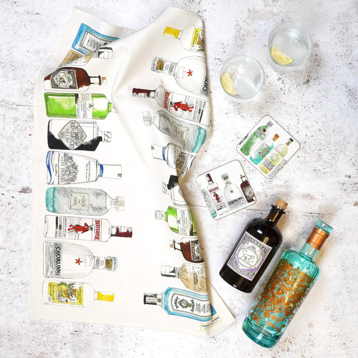 Ten Gin Bottles Tea Towel by Corinne Alexander.