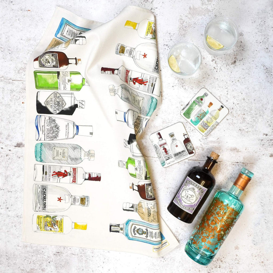 Ten Gin Bottles Tea Towel by Corinne Alexander.
