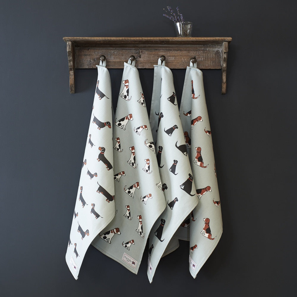 Organic cotton tea towel covered in Border Collies from Sweet William Designs.