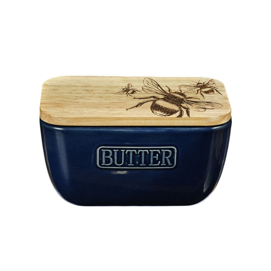 Bee Oak & Ceramic Blue Butter Dish by Selbrae.