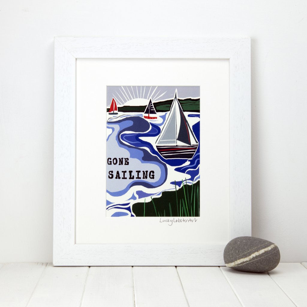 Mounted "Gone Sailing" print taken from the original lino print artwork from Lucky Lobster Art in England.