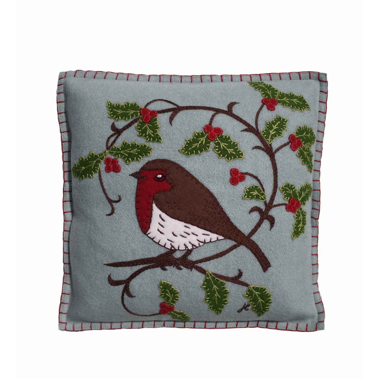 Holly Robin cushion in duck egg blue. Hand embroided from Jan Constantine, England.