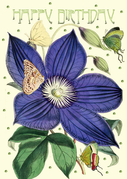 Dark Purple Clematis Glitter Birthday Card by Madame Treacle.