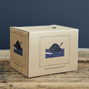Black lab swimming mug box from Sweet William Designs.