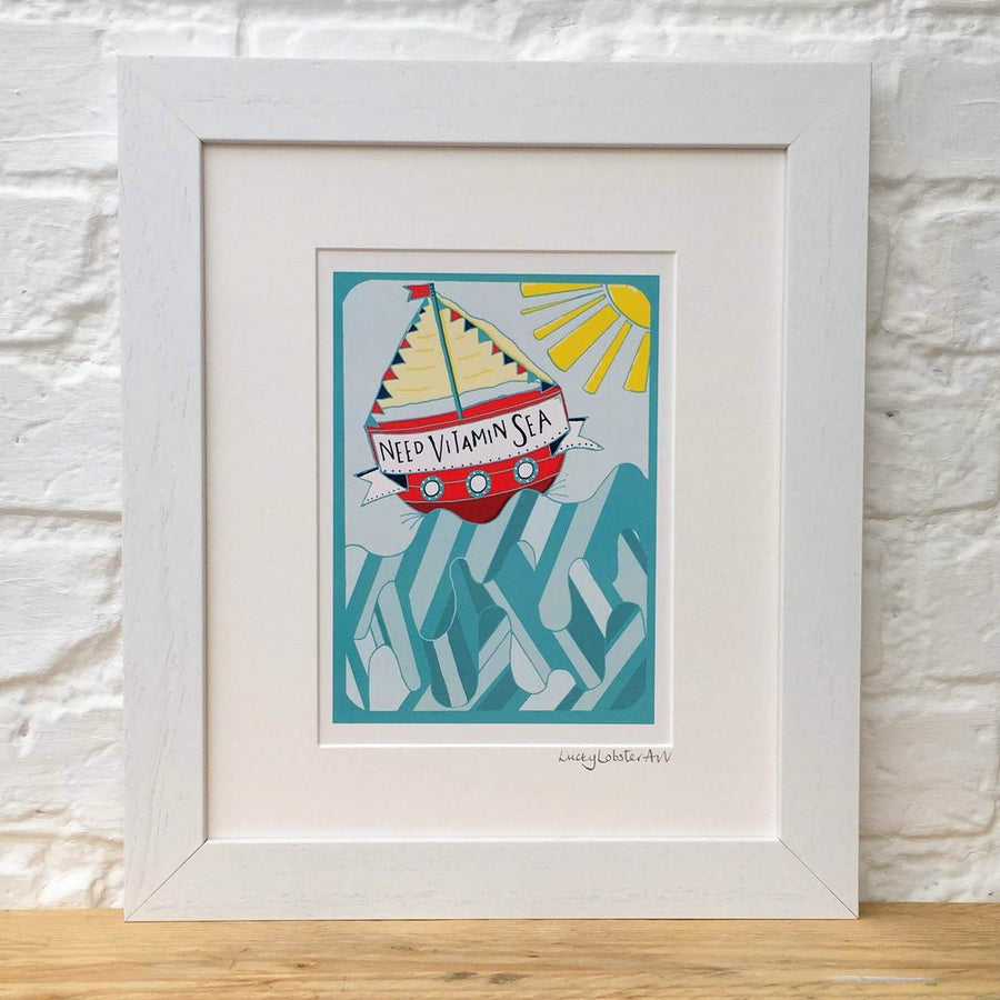 Vitamin Sea framed print taken from the original lino print artwork from Lucky Lobster Art.