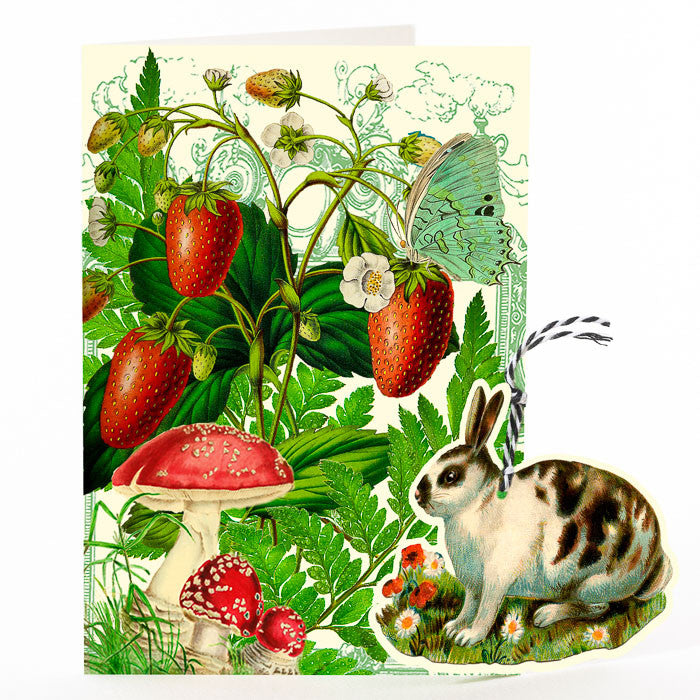 Rabbit and Strawberry Hanging Fandangle card by Madame Treacle.