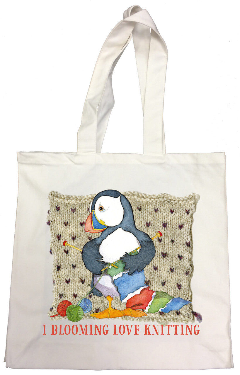 I Blooming Love Knitting Woolly Puffins 100% cotton Canvas Bag from Emma Ball.
