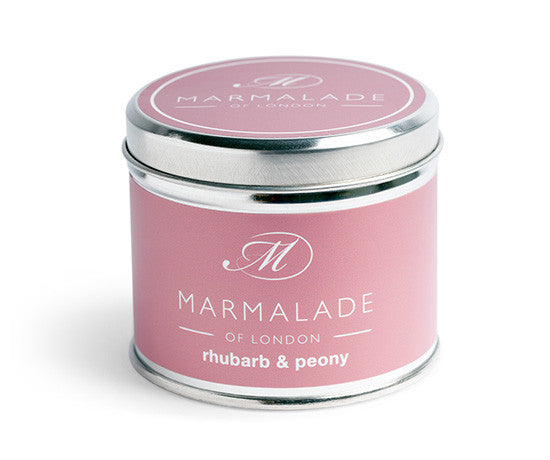 Rhubarb & Peony medium tin candle from Marmalade of London.