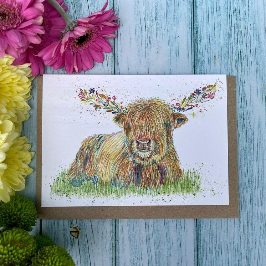 Hagrid the Highland Coo Blank Greetings Eco Card by Jen Winnett 