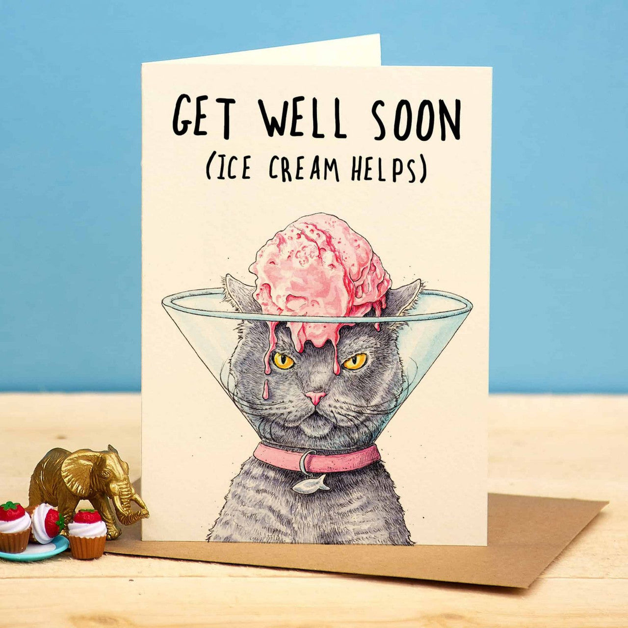 Get Well Soon - Ice Cream Helps Greetings Card by Bewilderbeest.