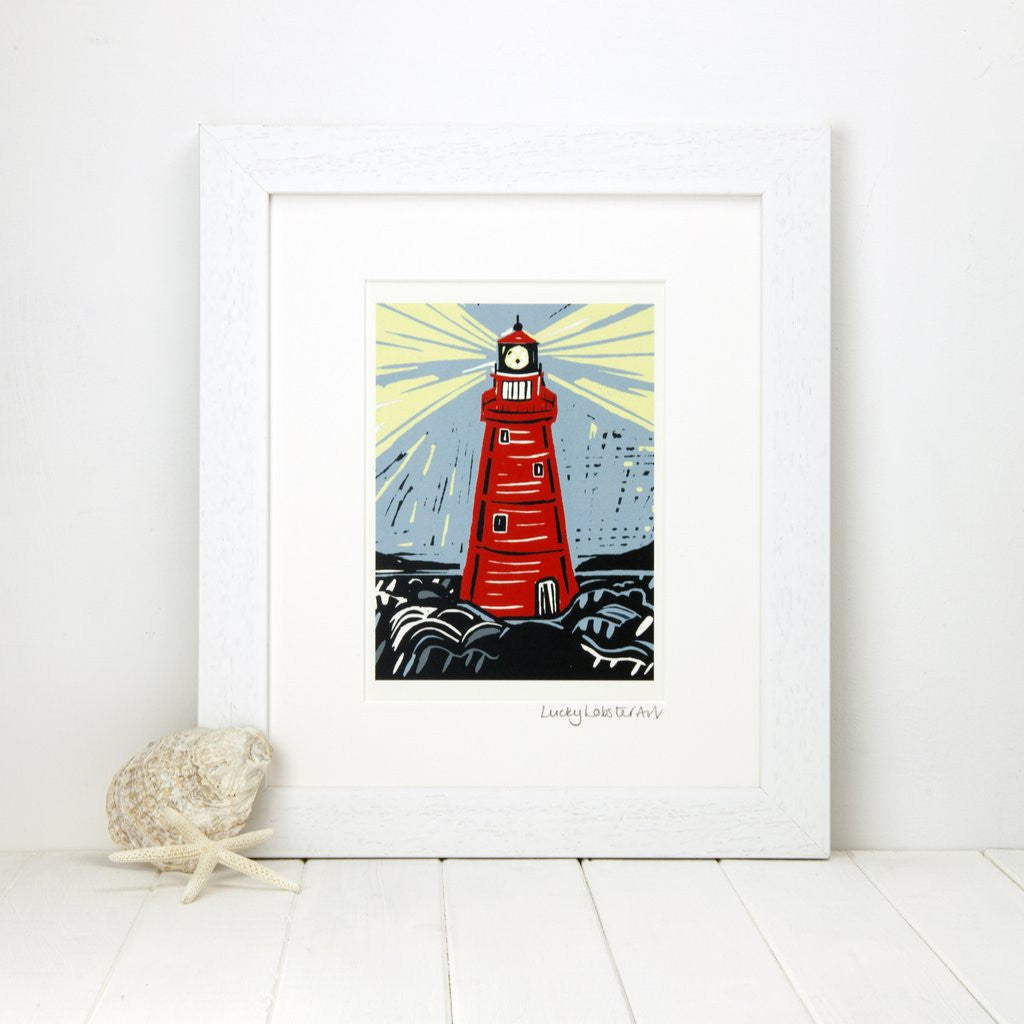 Framed Lighthouse print taken from the original lino print artwork from Lucky Lobster Art.