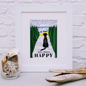 Framed Dog + Beach = Happy print taken from the original lino print artwork from Lucky Lobster Art. Image