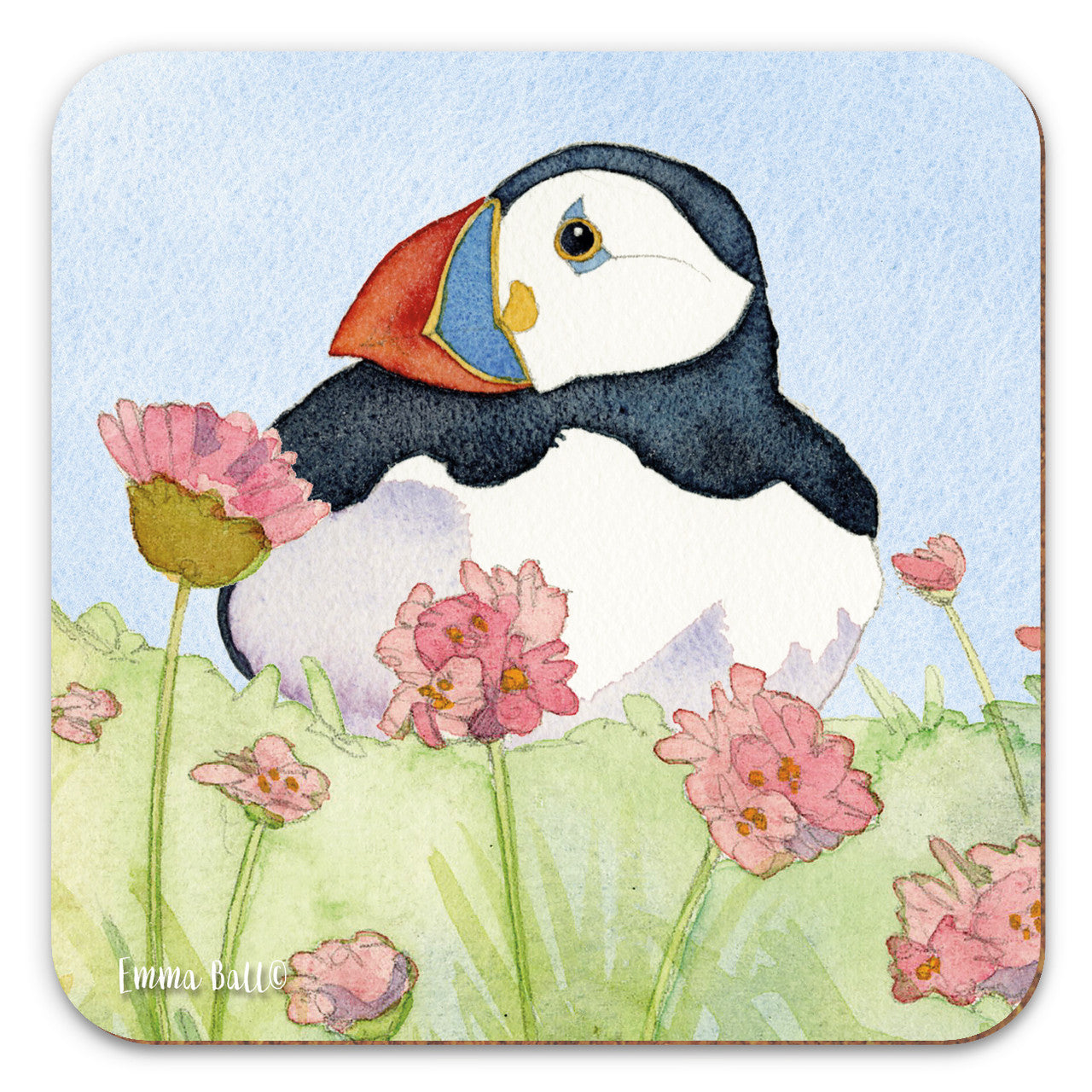 Sea Thrift Puffins Coaster by Emma Ball.