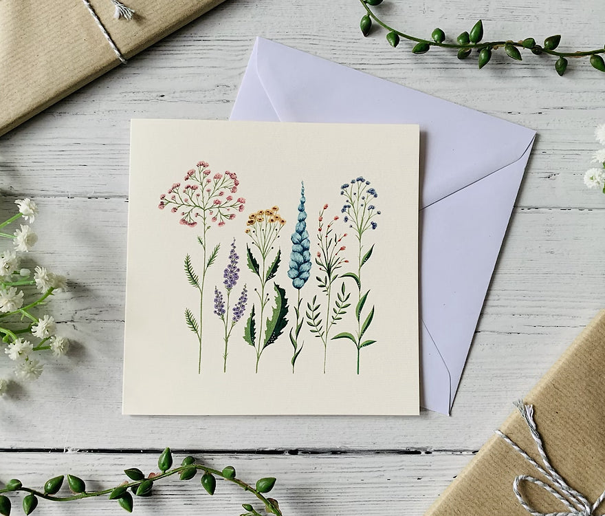 Pastel Wildflowers Greeting card by Becky Amelia.