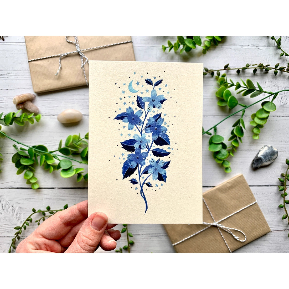 Blue Cosmic Wildflower card by Becky Amelia.