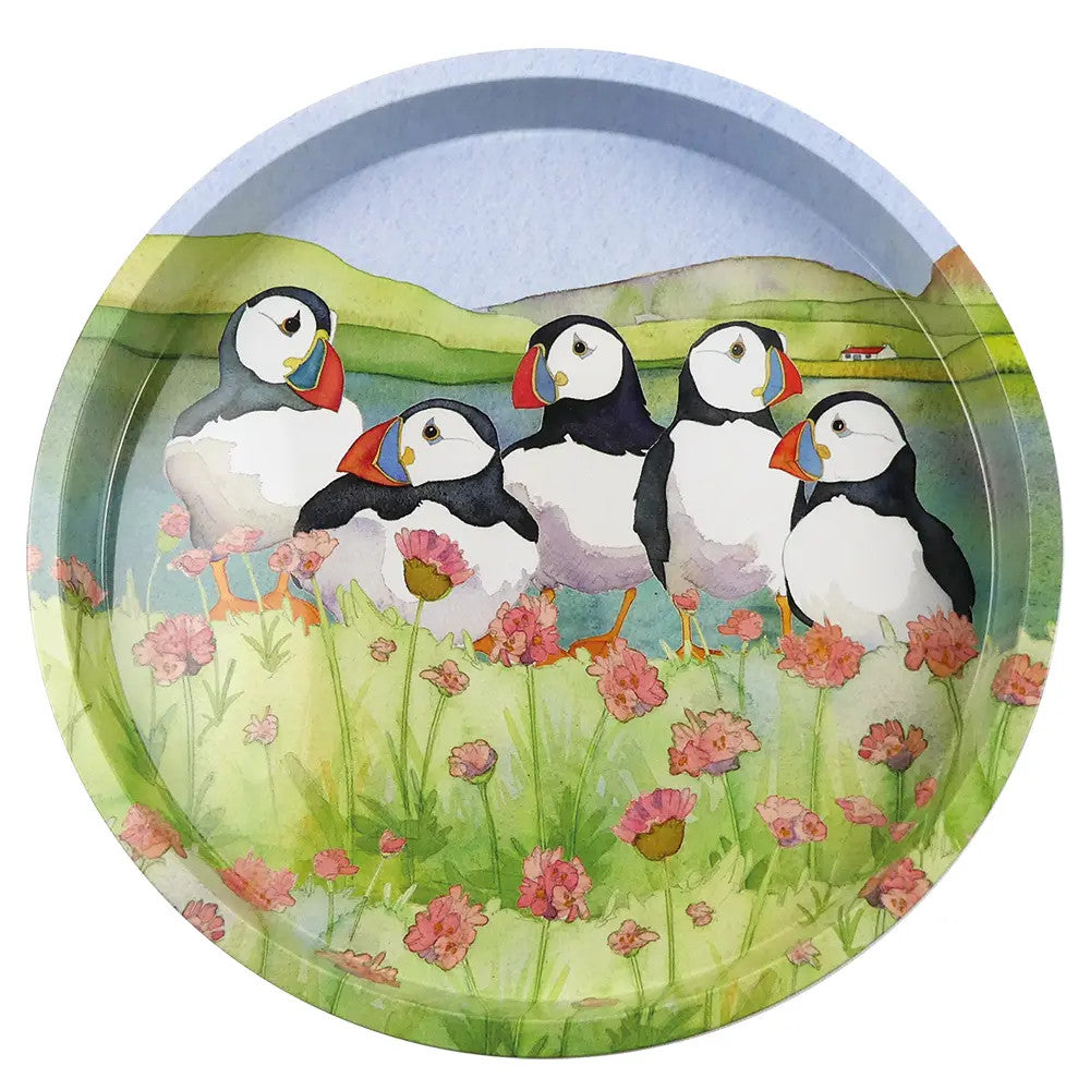 Sea Thrift Puffins Round Tin Tray by Emma Ball