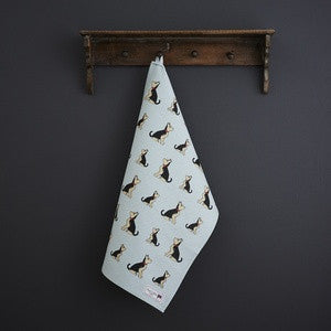 Organic cotton tea towel covered in Yorkshire Terriers from Sweet William Designs.