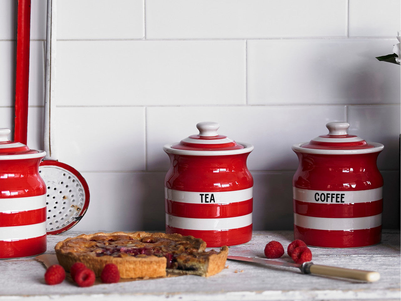 Cornishware Striped Tea Storage Jar - red
