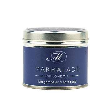 Bergamot & Soft Rose medium tin candle from Marmalade of London. Image