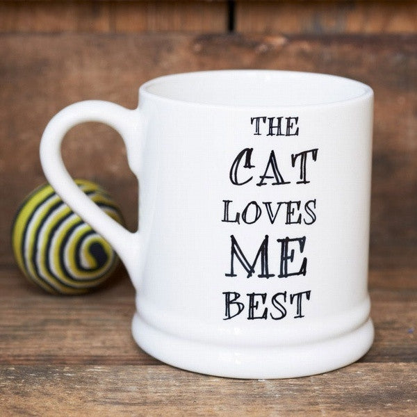 The Cat Loves Me Best pottery mug from Sweet William Designs.