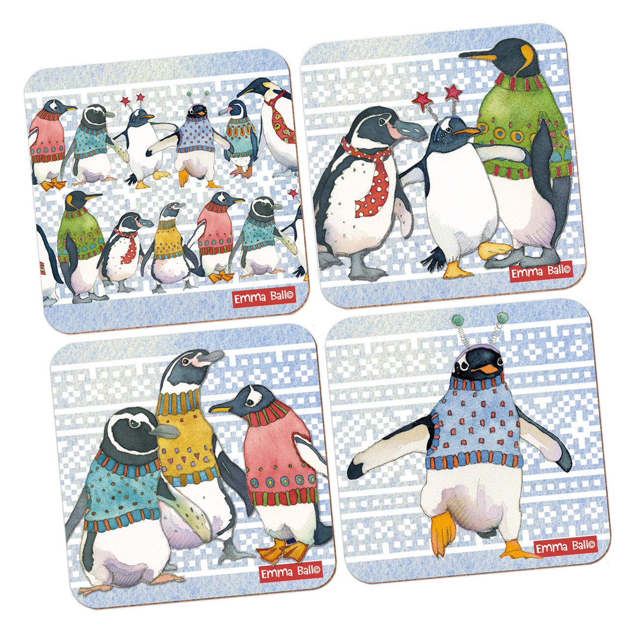 Penguins in Pullovers Coasters-- Set of 4 by Emma Ball