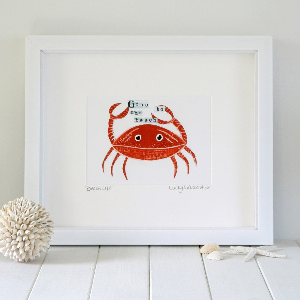 Framed Coastal Crab print taken from the original lino print artwork from Lucky Lobster Art in England.
