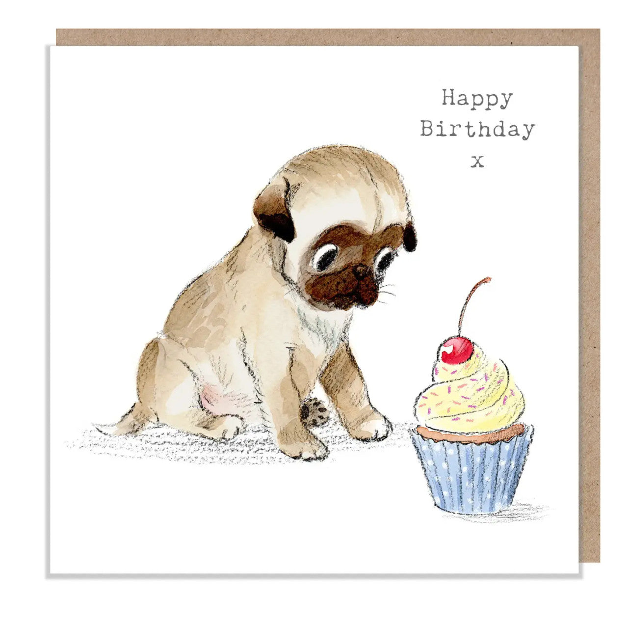 Pug with Cake Happy Birthday Greetings Card by Paper Shed Design