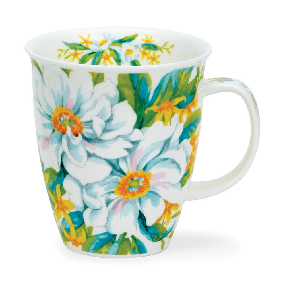 Dunoon Nevis White Anemones mug - yellow. Bone china, handmade in England.
