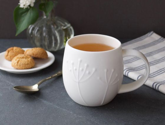 Repeat Repeat's White Bone China Plum Sprig mug. Made in England.