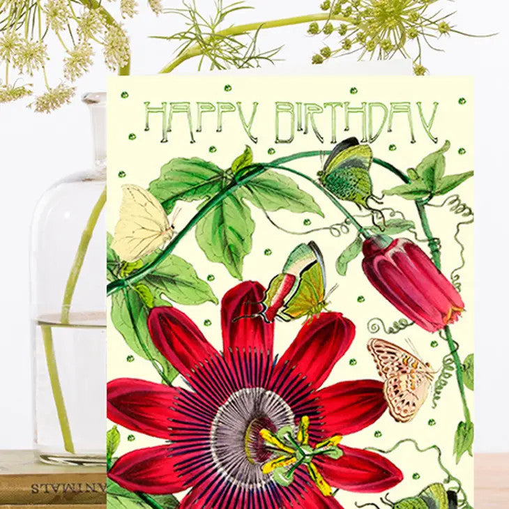 Passion Flower Glitter Birthday card by Madame Treacle.