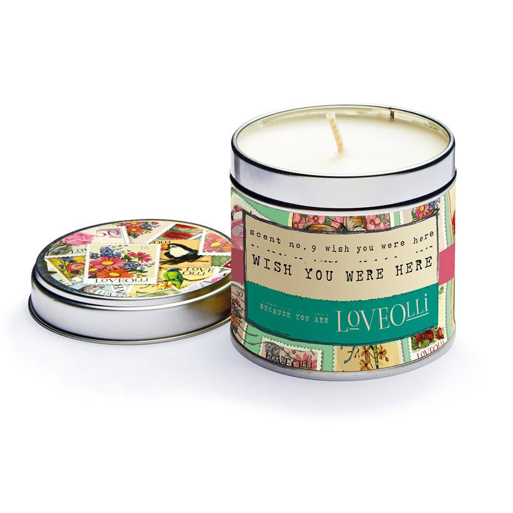 Love Olli Wish You Were Here scented tin candle. Hand poured in the UK.