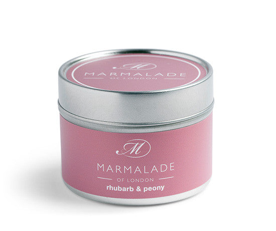 Rhubarb & Peony small tin candle from Marmalade of London.