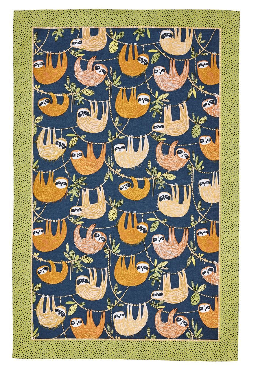 Ulster Weavers Hanging Around tea towel decorated with sloths.