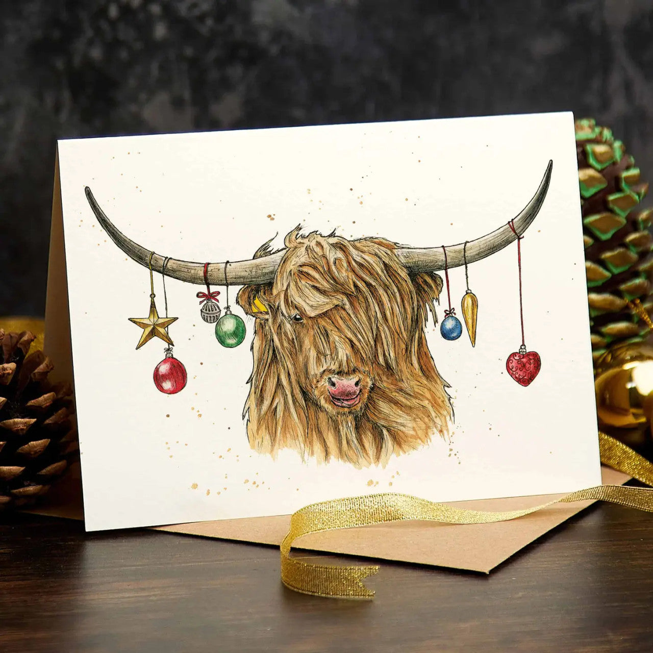 Highland Cow Christmas Greetings Card by Bewilderbeest.