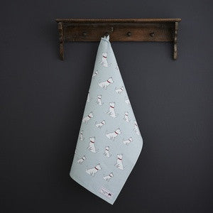 Organic cotton tea towel covered in West Highland Terriers from Sweet William Designs.