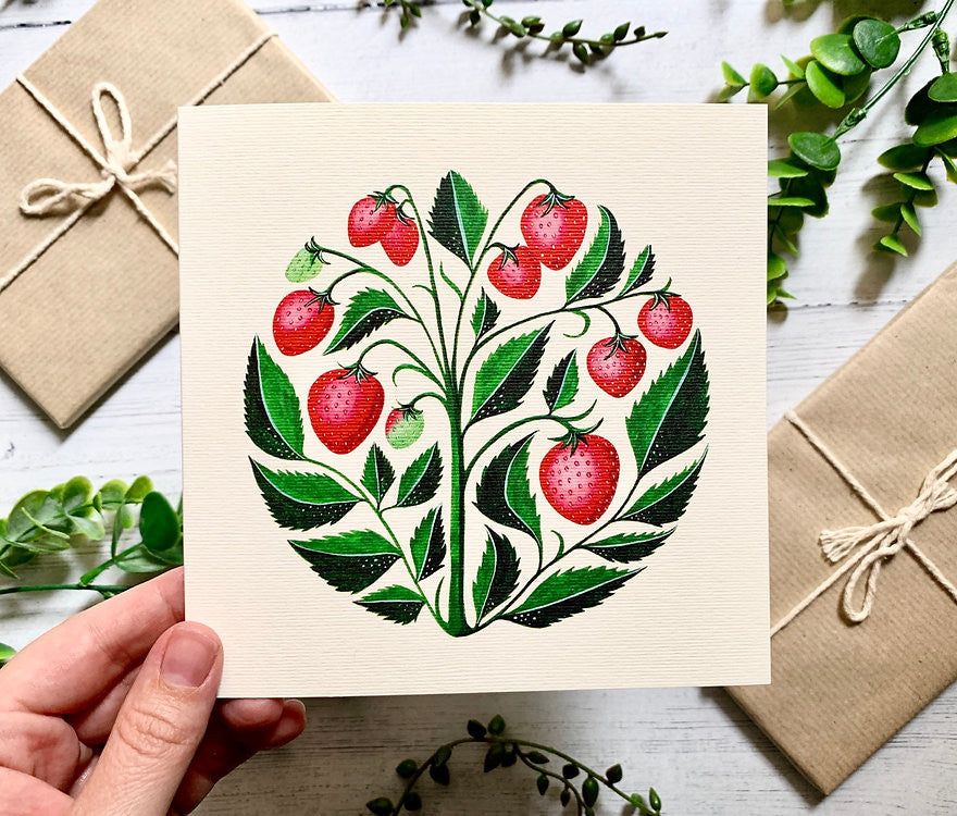 Strawberries Greeting card by Becky Amelia.