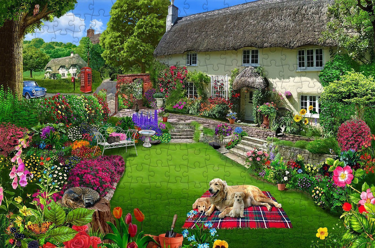 Dogs in a Cottage Garden 300 Piece Wooden Puzzle.