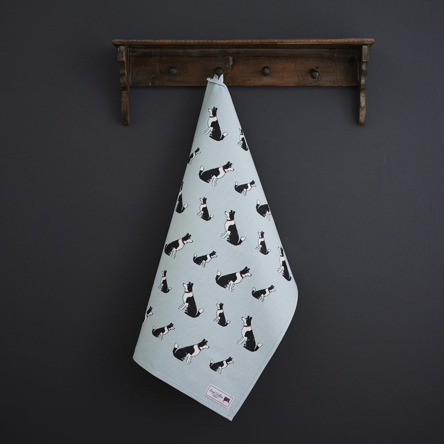 Organic cotton tea towel covered in Border Collies from Sweet William Designs.