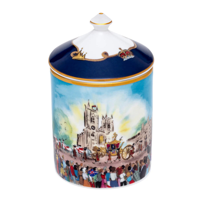 The Coronation at Westminster Abbey Sandalwood & Vetiver Lidded Candle by Halcyon Days. Made in England.