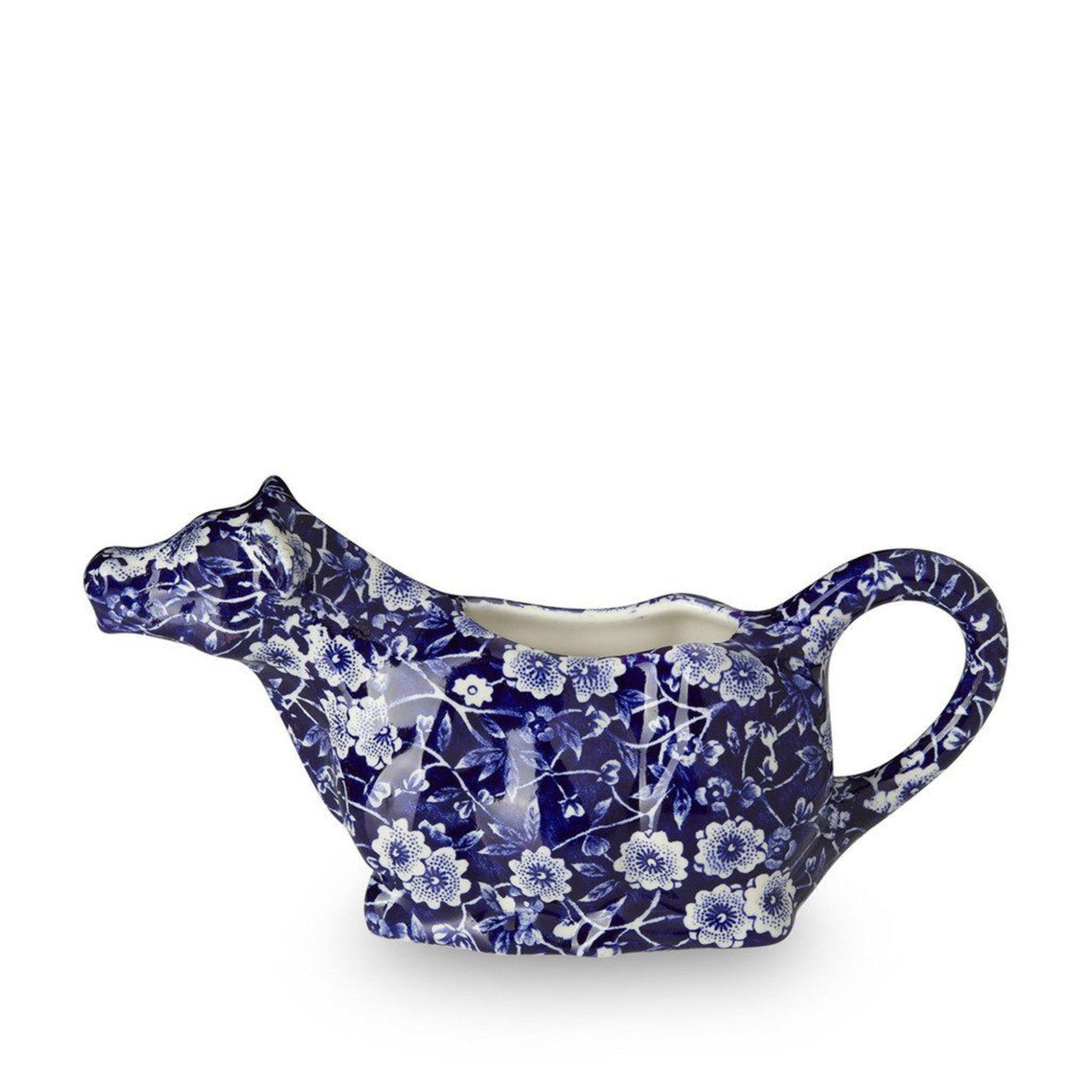 Burleigh Blue Calico Cow Creamer Boxed. Handmade in England.