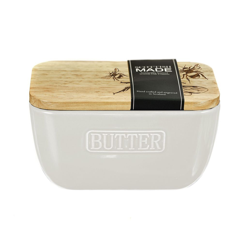 Bee Oak & Ceramic White Butter Dish by Selbrae.